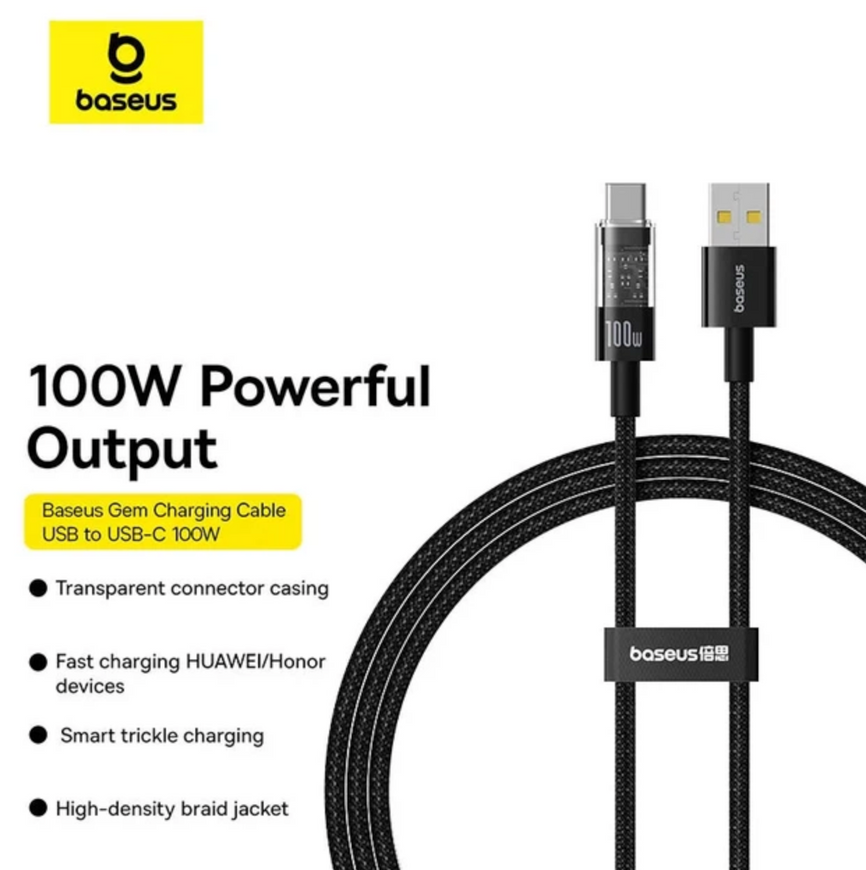 Мощный кабель Baseus Gem Series Type-C to Type-C 100W 20V 6A для iPhone 16 Pro Max и MacBook 0410 фото