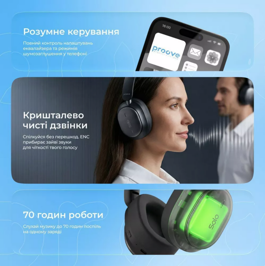 Бездротові повнорозмірні навушники Proove Solo з гібридним ANC. Накладні Bluetooth-навушники з активним шумозаглушенням 0444 фото