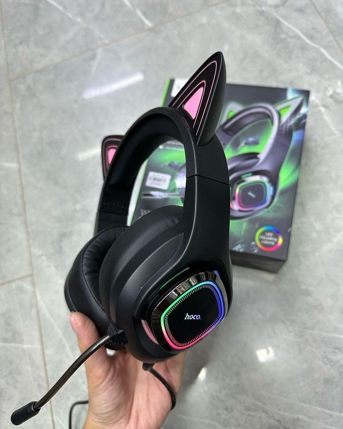 Проводные игровые наушники HOCO W107 Игровая гарнитура с микрофоном и RBG подсветкой Black/Pink 0019 фото