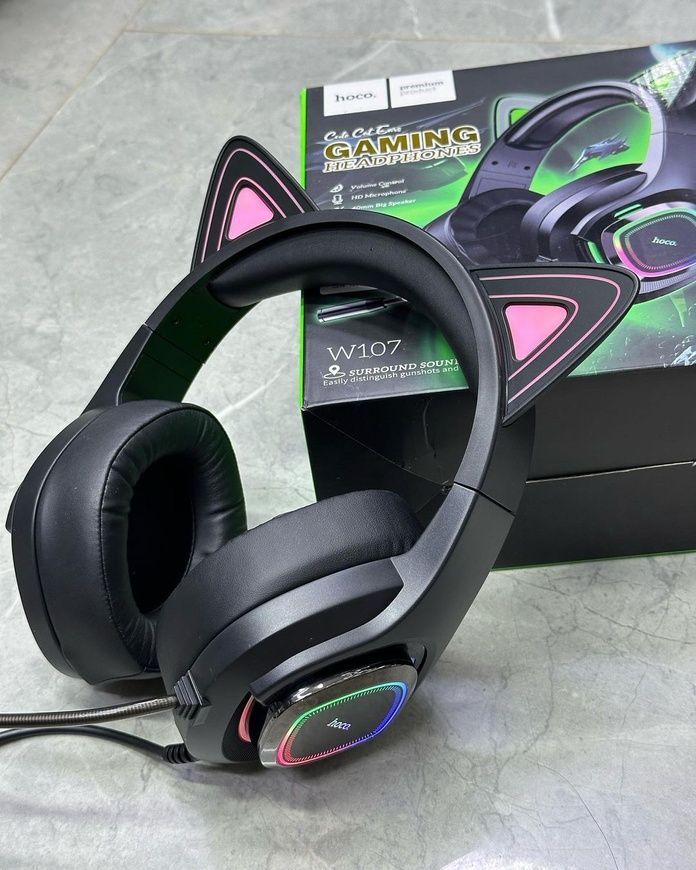 Проводные игровые наушники HOCO W107 Игровая гарнитура с микрофоном и RBG подсветкой Black/Pink 0019 фото