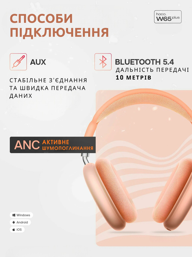 Бездротові навушники Hoco W65 Plus ANC з шумоподавленням. Повнорозмірні Bluetooth навушники Hoco W65 Подс макс з ANC та режимом прозорості orange 0325 фото