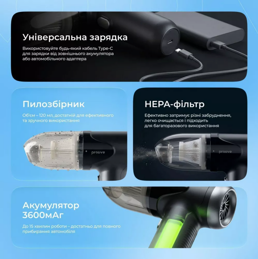 Портативный автомобильный пылесос Proove Void Assistant V1 (5000pa). Аккумуляторный компактный мини-пылесос для дома и авто 0445 фото
