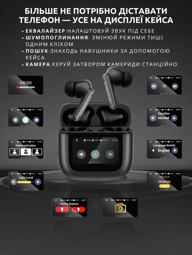Бездротові вакуумні навушники Monster TH300 з LED-дисплеєм та ANC шумозаглушенням + ENC 0436 фото