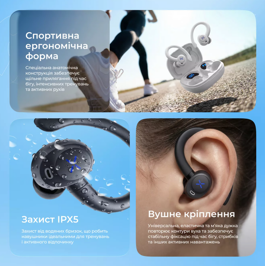 Бездротові вакуумні блютуз навушники для занять спортом, бігу Proove X-GO. До 42 годин роботи, вологозахист IPX5  0471 фото