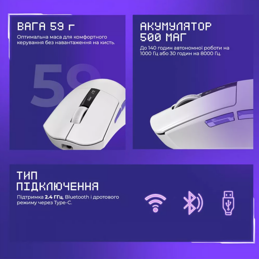 Игровая мышь Proove Gaming Jester. Ультралегкая беспроводная профессиональная мышь 2.4G+BT+USB для геймеров 0730 фото