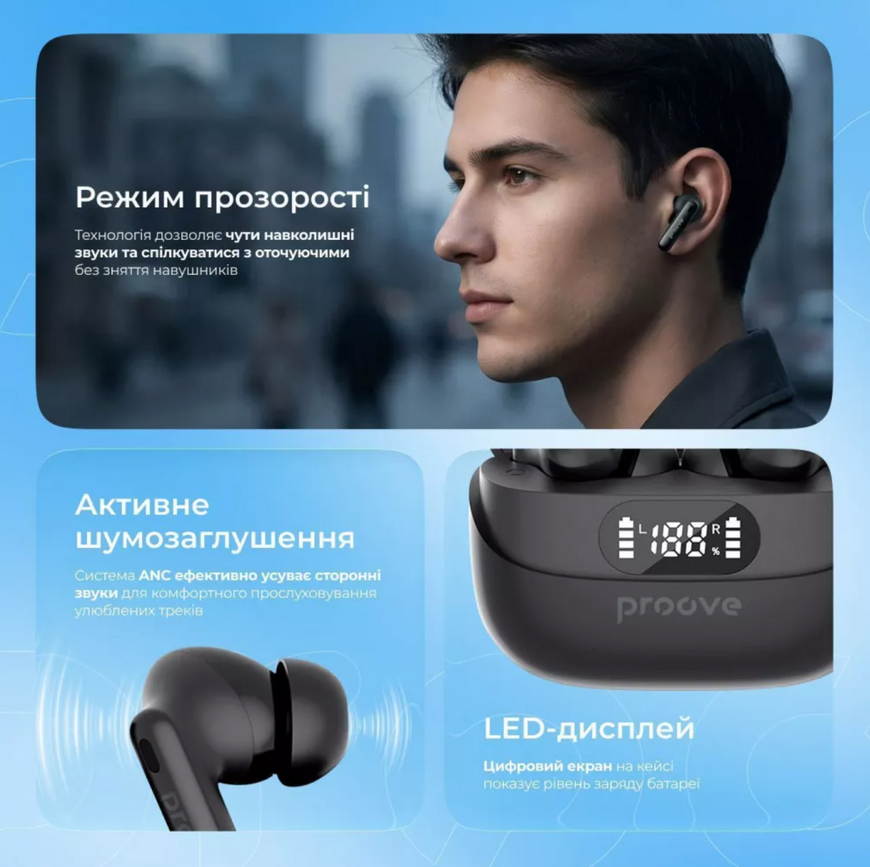 Беспроводные TWS наушники Proove Digital Pro с дисплеем, игровым режимом и шумоподавлением ANC 0473 фото