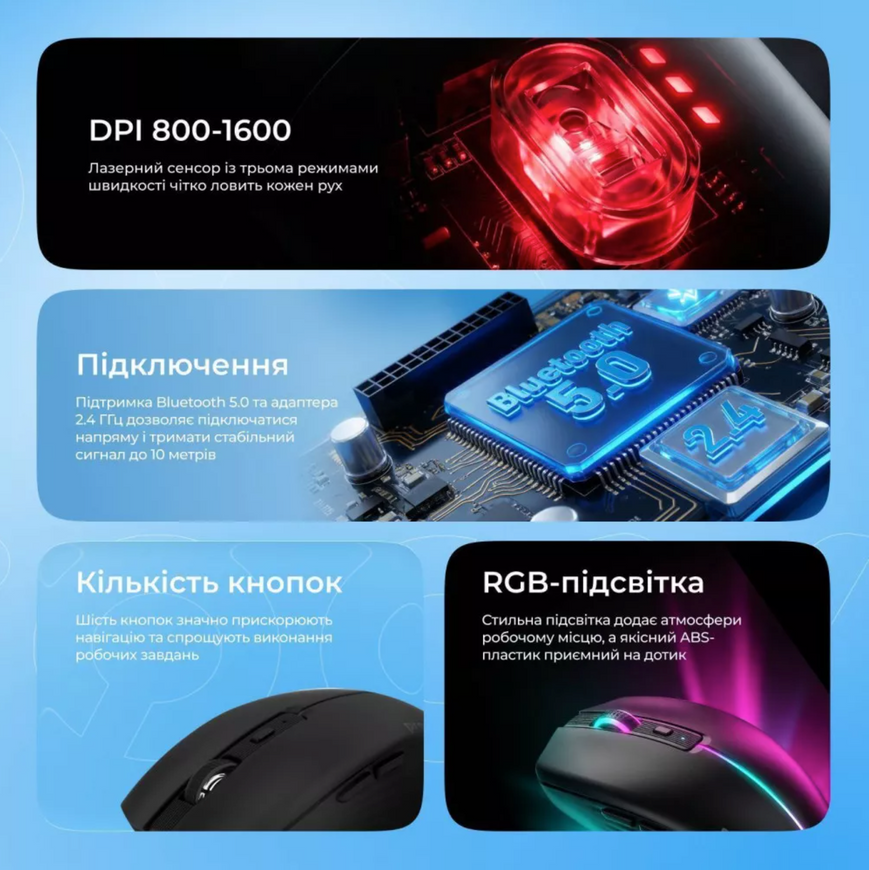 Бездротова миша Proove Comet Black (2.4GHz + Dual BT) з RGB-підсвіткою та автономністю до 100 годин для Windows, MacOS та Linux 0434 фото