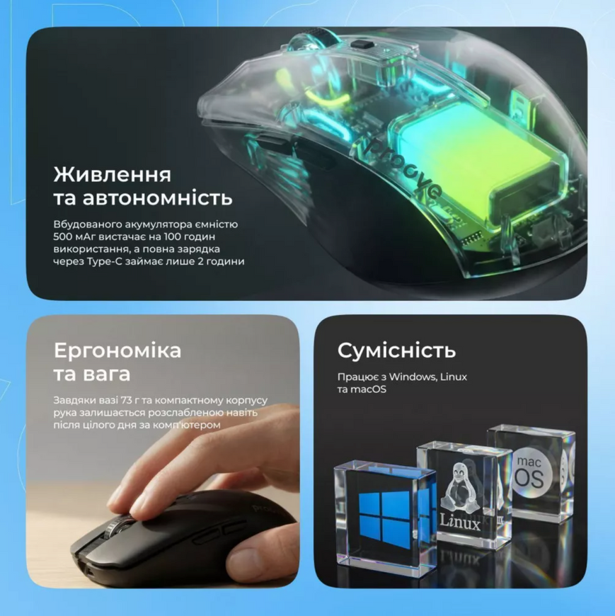Бездротова миша Proove Comet Black (2.4GHz + Dual BT) з RGB-підсвіткою та автономністю до 100 годин для Windows, MacOS та Linux 0434 фото