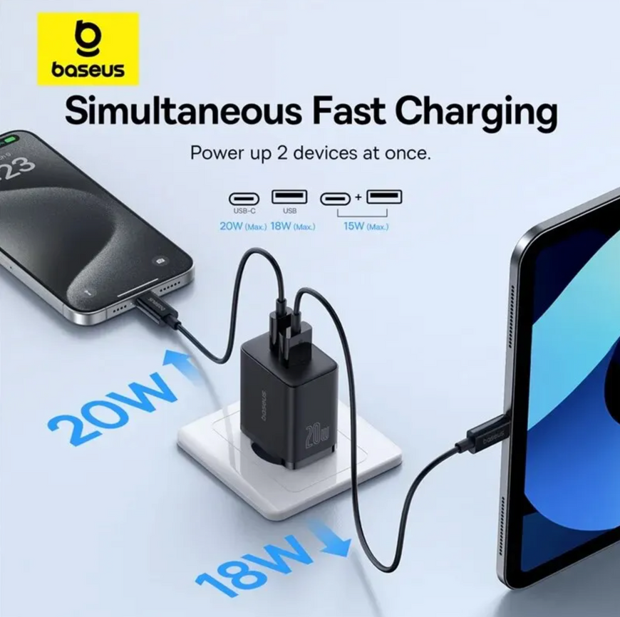 Мережевий зарядний пристрій Baseus Compact Quick Charger 20W (USB + Type-C). Швидка зарядка Baseus для iPhone та Android 0346 фото