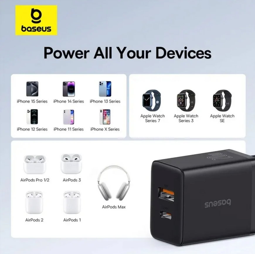Мережевий зарядний пристрій Baseus Compact Quick Charger 20W (USB + Type-C). Швидка зарядка Baseus для iPhone та Android 0346 фото