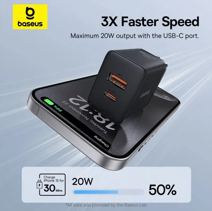 Мережевий зарядний пристрій Baseus Compact Quick Charger 20W (USB + Type-C). Швидка зарядка Baseus для iPhone та Android 0346 фото