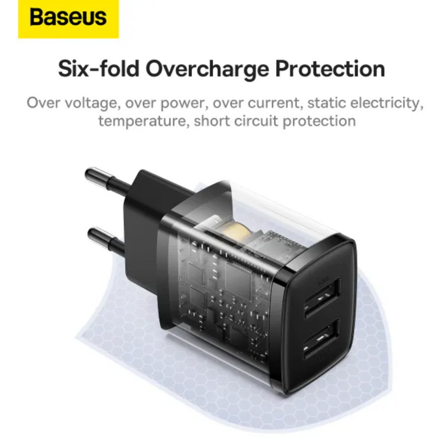 Адаптер Baseus Compact Charger  10.5W  2USB для одночасної зарядки 2 пристроїв. Зарядний пристрій Baseus з інтелектуальним захистом 0258 фото