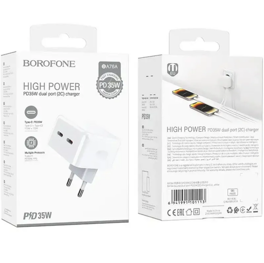 Адаптер живлення Borofone BA76A Source 35W на 2 порти Type-C з підтримкою швидкого заряджання для планшетів та телефонів 0198 фото