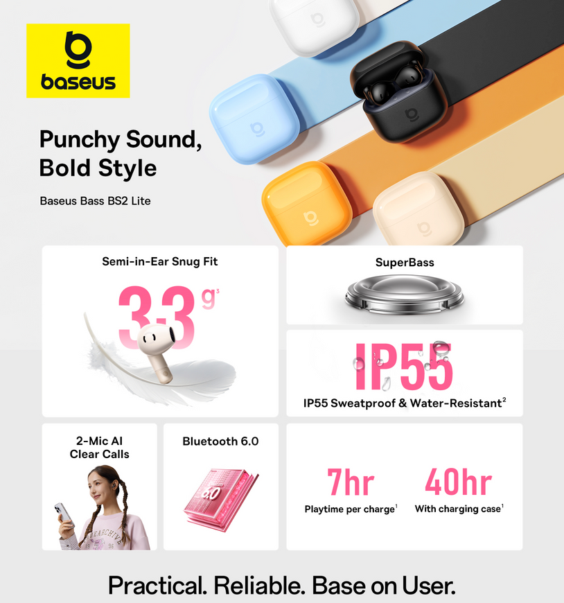 Беспроводные Bluetooth-наушники Baseus Bass BS2 Lite True с интеллектуальным шумоподавлением 0437 фото