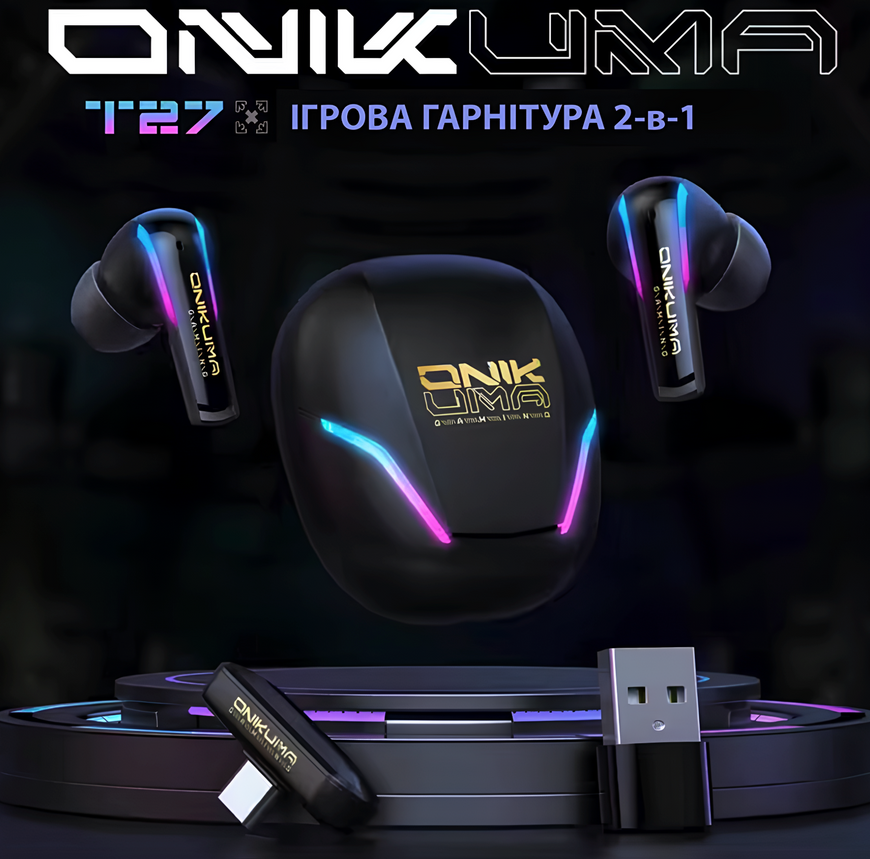 Игровые беспроводные наушники ONIKUMA T27 с микрофоном. Поддержка Bluetooth 5.3 и 2.4G, сенсорное управление, RGB-подсветка. Совместимы с ПК, PlayStation и мобильными телефонами. 0283 фото