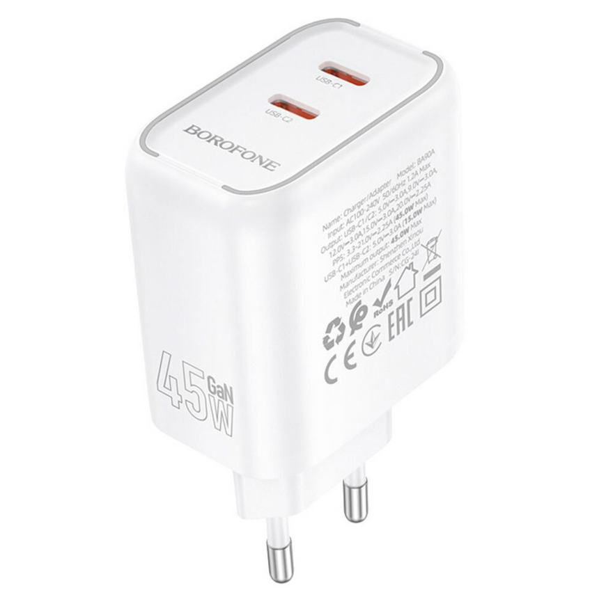 Мережевий зарядний пристрій Borofone BA90A 45W 2xType-C з кабелем в комплекті. Зарядний пристрій Borofone для Samsung та iPhone з підтримкою PD/QC  0197 фото