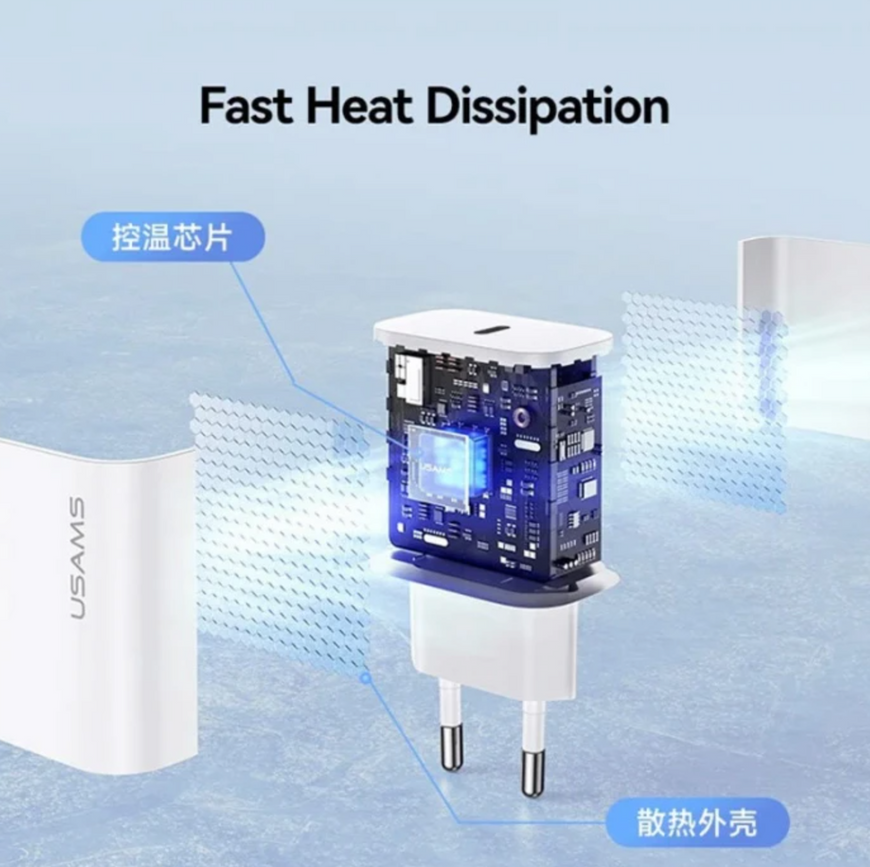 Мережевий зарядний пристрій USAMS CC226 20W + кабель Type-C To Type-C. Універсальний комплект для зарядки телефонів та планшетів з підтримкою швидкого заряджання 0194 фото