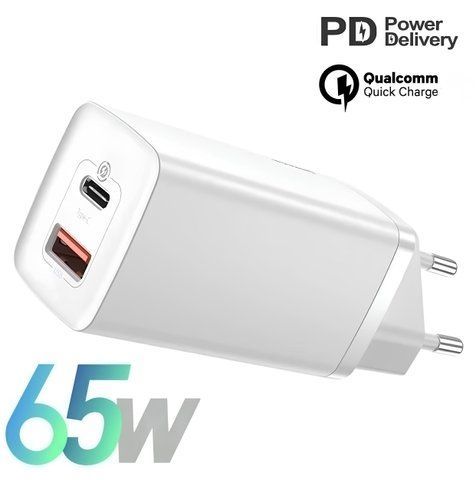 Мережевий зарядний пристрій Baseus Quick GaN2 Lite 65W USB + Type-C. Універсальний блок живлення з підтримкою PD для смартфонів, MacBook та iPhone  0192 фото