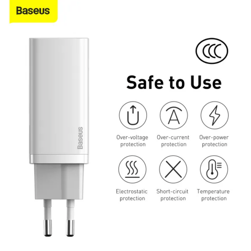 Мережевий зарядний пристрій Baseus Quick GaN2 Lite 65W USB + Type-C. Універсальний блок живлення з підтримкою PD для смартфонів, MacBook та iPhone  0192 фото