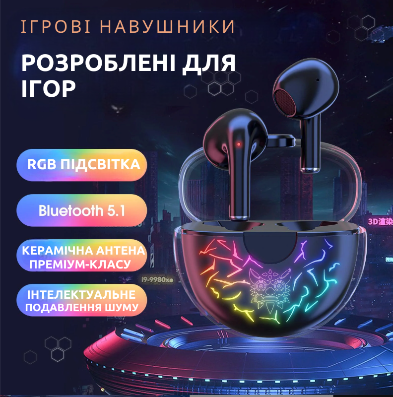 Игровые Bluetooth-наушники Onikuma T35 с RGB-подсветкой: прозрачный кейс и игровой режим. Беспроводные Bluetooth-наушники Оникума. 0053 фото