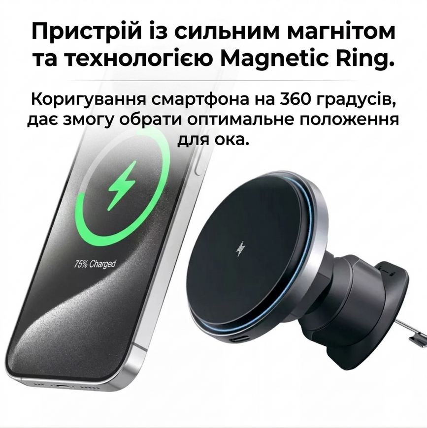 Автодержатель магнитный для телефона с беспроводной зарядкой Proove Magic Circle Pro 15W с поддержкой MagSafe и Magnetic Ring 0443 фото