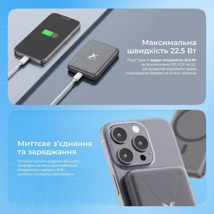 Зовнішній акумулятор Proove X-Core 22.5W 10000mAh. Ультратонкий павербанк Proove з підтримкою швидкого заряджання та MagSafe 0394 фото