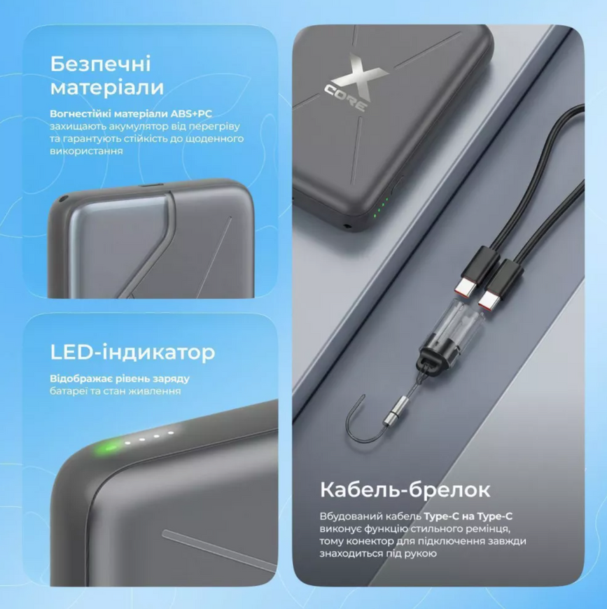 Зовнішній акумулятор Proove X-Core 22.5W 10000mAh. Ультратонкий павербанк Proove з підтримкою швидкого заряджання та MagSafe 0394 фото