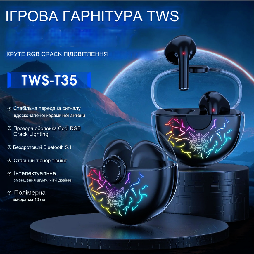 Игровые Bluetooth-наушники Onikuma T35 с RGB-подсветкой: прозрачный кейс и игровой режим. Беспроводные Bluetooth-наушники Оникума. 0053 фото