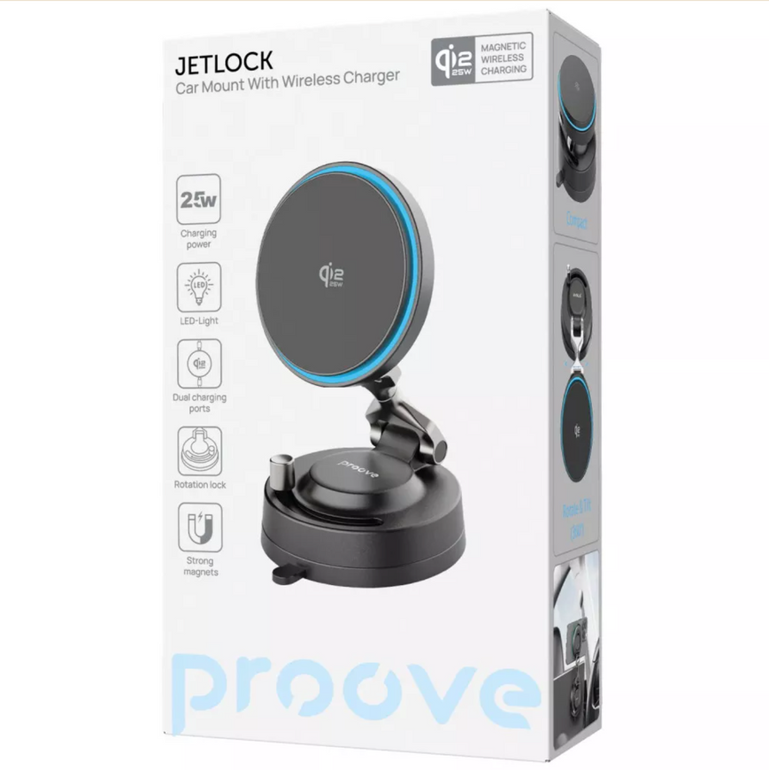 Магнитный автодержатель Proove JetLock Qi2.2 25W с беспроводной зарядкой (MagSafe/Magnetic Ring) на вакуумной присоске 0446 фото
