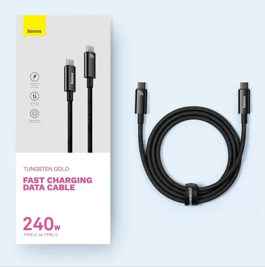 Кабель Baseus Tungsten Gold Fast Charging Type-C to Type-C 240W 1 м &mdash; швидка зарядка та синхронізація 0414 фото