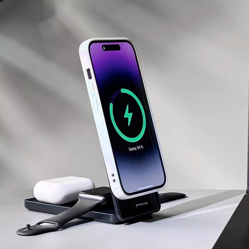 Proove Metal Edge &ndash; стильное беспроводное зарядное устройство для трех гаджетов. Магнитная зарядная станция с поддержкой быстрой зарядки Qi 0232 фото