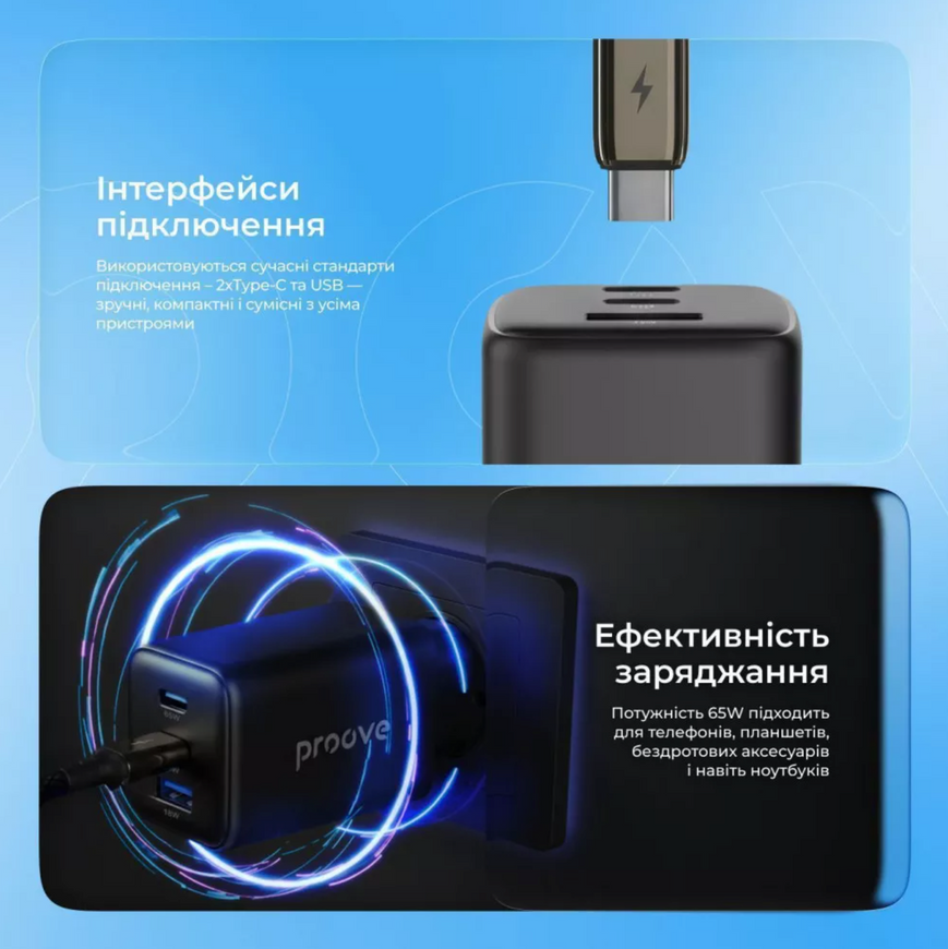 Потужна швидка зарядка Proove Pocket GaN 100W GaN-технологія. Мережевий зарядний пристрій Proove Pocket для ноутбуків та телефона 0190 фото