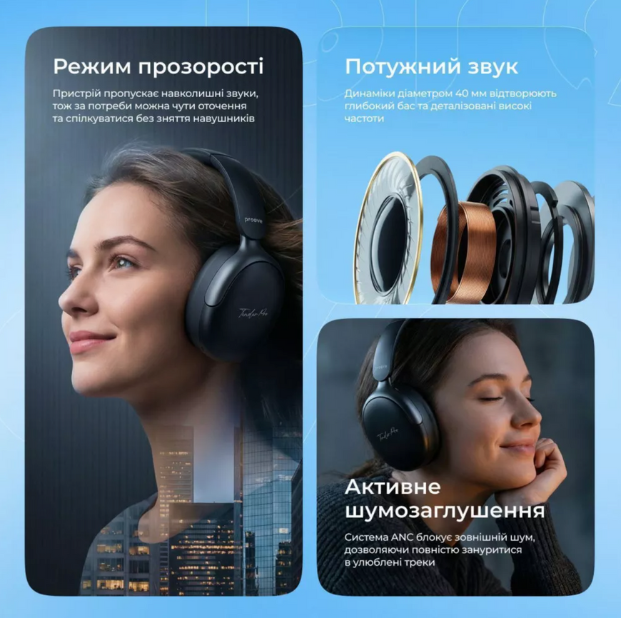 Бездротові Bluetooth навушники Proove Tender Pro з ANC шумозаглушенням та Hi-Fi звуком. Повнорозмірні навушники з активним шумозаглушенням 0447 фото