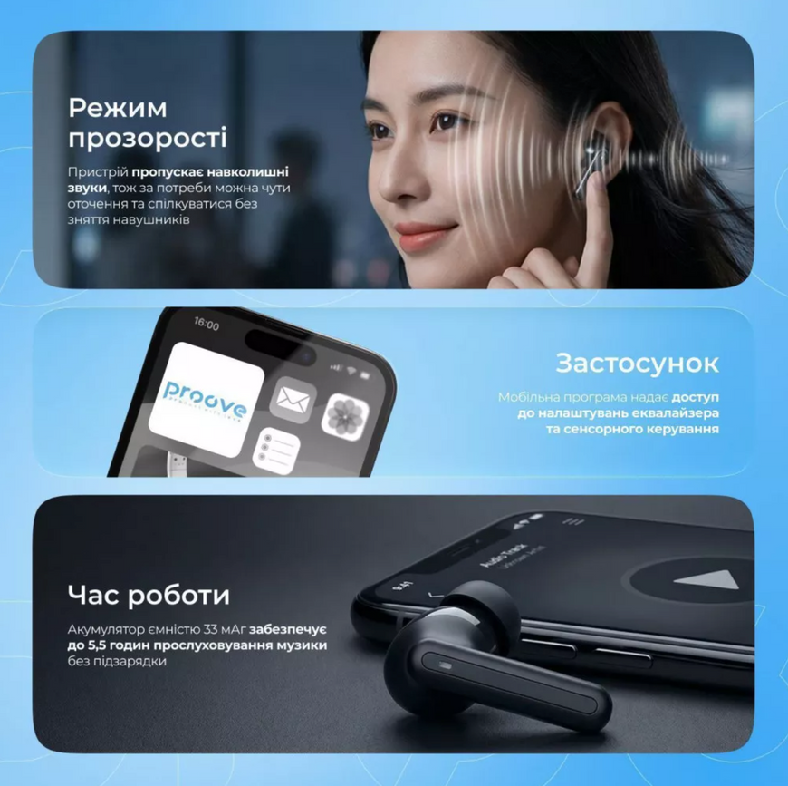 Бездротові вакуумні навушники Proove Tempo TWS з активним шумозаглушенням ANC 0186 фото