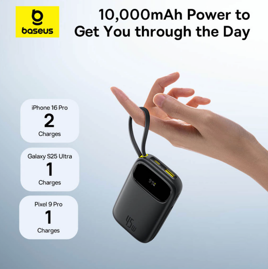 Повербанк Baseus EnerFill FC31 10000mAh 45W с встроенными кабелями Type-C. Внешний аккумулятор для ноутбука и смартфона 0182 фото