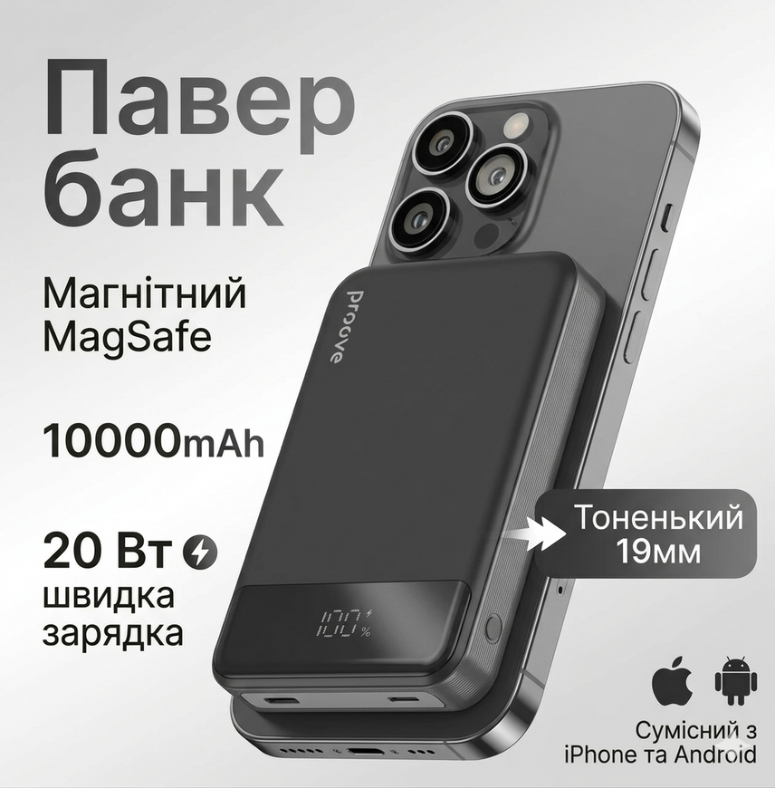 Магнітний повербанк Proove Hoodman з бездротовою зарядкою та LED-дисплеєм. Портативний акумулятор з швидкою зарядкою 20W 0004 фото